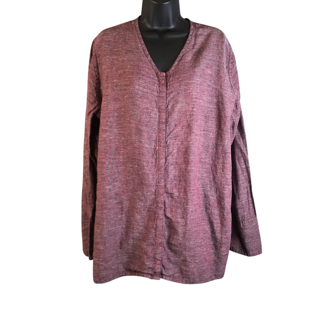 FLAX by Jeanne Engelhart Women Medium Maroon 100% Linen V-Neck Long Sleeve Tunic